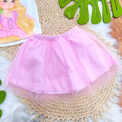  Conj. Blusa Princesa Rapunzel e Saia em Tule - Rosa